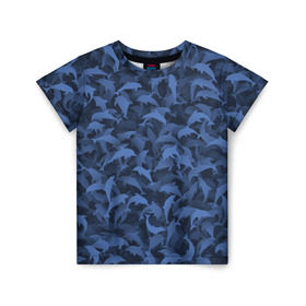 Детская футболка 3D с принтом Камуфляж с дельфинами в Тюмени, 100% гипоаллергенный полиэфир | прямой крой, круглый вырез горловины, длина до линии бедер, чуть спущенное плечо, ткань немного тянется | вода | дельфин | дельфины | милитари | море | океан | паттерн | синий | текстура | черное