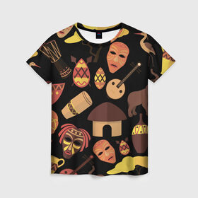 Женская футболка 3D с принтом Бужумбура в Тюмени, 100% полиэфир ( синтетическое хлопкоподобное полотно) | прямой крой, круглый вырез горловины, длина до линии бедер | африка | барабан | маска | слон | черный