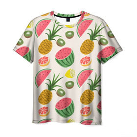 Мужская футболка 3D с принтом Тропический рай в Тюмени, 100% полиэфир | прямой крой, круглый вырез горловины, длина до линии бедер | ананас | арбуз | киви | лимон | манго | паттерн | тропики | фрукты