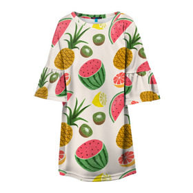 Детское платье 3D с принтом Тропический рай в Тюмени, 100% полиэстер | прямой силуэт, чуть расширенный к низу. Круглая горловина, на рукавах — воланы | ананас | арбуз | киви | лимон | манго | паттерн | тропики | фрукты