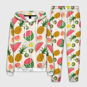 Мужской костюм 3D с принтом Тропический рай в Тюмени, 100% полиэстер | Манжеты и пояс оформлены тканевой резинкой, двухслойный капюшон со шнурком для регулировки, карманы спереди | ананас | арбуз | киви | лимон | манго | паттерн | тропики | фрукты