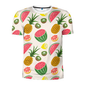 Мужская футболка 3D спортивная с принтом Тропический рай в Тюмени, 100% полиэстер с улучшенными характеристиками | приталенный силуэт, круглая горловина, широкие плечи, сужается к линии бедра | ананас | арбуз | киви | лимон | манго | паттерн | тропики | фрукты