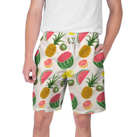 Мужские шорты 3D с принтом Тропический рай в Тюмени,  полиэстер 100% | прямой крой, два кармана без застежек по бокам. Мягкая трикотажная резинка на поясе, внутри которой широкие завязки. Длина чуть выше колен | ананас | арбуз | киви | лимон | манго | паттерн | тропики | фрукты