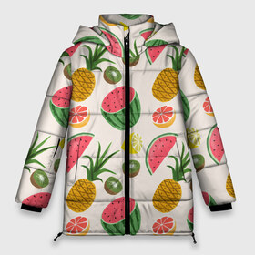 Женская зимняя куртка 3D с принтом Тропический рай в Тюмени, верх — 100% полиэстер; подкладка — 100% полиэстер; утеплитель — 100% полиэстер | длина ниже бедра, силуэт Оверсайз. Есть воротник-стойка, отстегивающийся капюшон и ветрозащитная планка. 

Боковые карманы с листочкой на кнопках и внутренний карман на молнии | ананас | арбуз | киви | лимон | манго | паттерн | тропики | фрукты