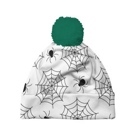 Шапка 3D c помпоном с принтом Паутинка в Тюмени, 100% полиэстер | универсальный размер, печать по всей поверхности изделия | белый | паук | паутина | узор | хэллоуин | черный