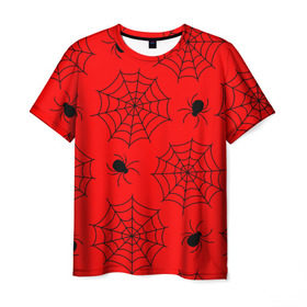 Мужская футболка 3D с принтом Happy Halloween в Тюмени, 100% полиэфир | прямой крой, круглый вырез горловины, длина до линии бедер | белый | паук | паутина | узор | хэллоуин | черный