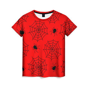 Женская футболка 3D с принтом Happy Halloween в Тюмени, 100% полиэфир ( синтетическое хлопкоподобное полотно) | прямой крой, круглый вырез горловины, длина до линии бедер | белый | паук | паутина | узор | хэллоуин | черный