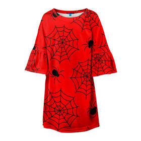 Детское платье 3D с принтом Happy Halloween в Тюмени, 100% полиэстер | прямой силуэт, чуть расширенный к низу. Круглая горловина, на рукавах — воланы | Тематика изображения на принте: белый | паук | паутина | узор | хэллоуин | черный