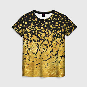 Женская футболка 3D с принтом Золотой в Тюмени, 100% полиэфир ( синтетическое хлопкоподобное полотно) | прямой крой, круглый вырез горловины, длина до линии бедер | блеск | блестки | желтый | круги | перетекание | россыпь | черный
