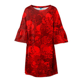 Детское платье 3D с принтом Красные черепа в Тюмени, 100% полиэстер | прямой силуэт, чуть расширенный к низу. Круглая горловина, на рукавах — воланы | камуфляж | кости | красный | милитари | паттерн | скелет | текстура | хеллоуин
