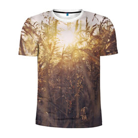 Мужская футболка 3D спортивная с принтом Солнце во ржи в Тюмени, 100% полиэстер с улучшенными характеристиками | приталенный силуэт, круглая горловина, широкие плечи, сужается к линии бедра | восход | закат | лучи | поле | природа | растения | рож | солнце | тепло