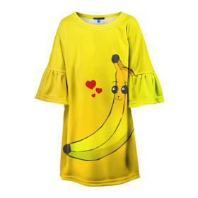 Детское платье 3D с принтом Just Banana (Yellow) в Тюмени, 100% полиэстер | прямой силуэт, чуть расширенный к низу. Круглая горловина, на рукавах — воланы | Тематика изображения на принте: banana | банан | желтый | оранжевый | фрукты