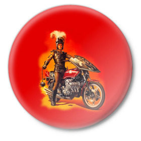 Значок с принтом Всадник в Тюмени,  металл | круглая форма, металлическая застежка в виде булавки | Тематика изображения на принте: bike | harley | honda | kawasaki | moto | suzuki | yamaha | байкер | всадник | мотоцикл | рыцарь