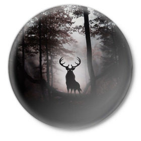 Значок с принтом Лес / Олень в тумане в Тюмени,  металл | круглая форма, металлическая застежка в виде булавки | абстракция | арт | глаза | девушка | деревья | животное | животные | лес | листья | лучшие | ночь | олень | пейзаж | природа | туман | хеллоуин