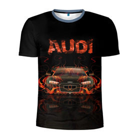 Мужская футболка 3D спортивная с принтом AUDI в огоне в Тюмени, 100% полиэстер с улучшенными характеристиками | приталенный силуэт, круглая горловина, широкие плечи, сужается к линии бедра | авто | ауди | машина | огонь | пламя