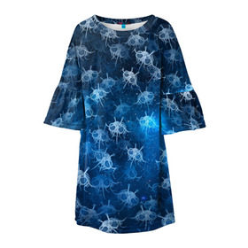 Детское платье 3D с принтом Летающие макаронные монстры в Тюмени, 100% полиэстер | прямой силуэт, чуть расширенный к низу. Круглая горловина, на рукавах — воланы | галактикаб паттерн | звезды | космос | лапша | лмм | мем | пастафарианство | спагетти | тефтели | фрикадельки