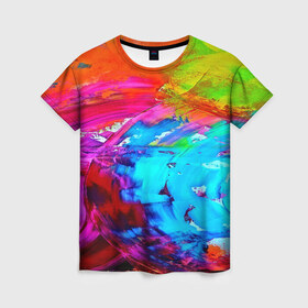 Женская футболка 3D с принтом Tie-dye в Тюмени, 100% полиэфир ( синтетическое хлопкоподобное полотно) | прямой крой, круглый вырез горловины, длина до линии бедер | abstraction | color | spray | tie dye | абстракция | акварель | живопись | искусство | краски | текстуры | цветные краски | яркие цвета