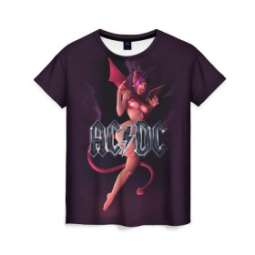 Женская футболка 3D с принтом AC/DC в Тюмени, 100% полиэфир ( синтетическое хлопкоподобное полотно) | прямой крой, круглый вырез горловины, длина до линии бедер | ac dc | angus | hard | heavy | metal | rock. music | девушка | демон | дьявол | черт | чертик