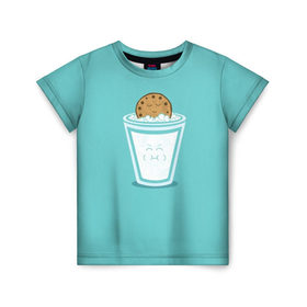 Детская футболка 3D с принтом Молоко и печенюшка в Тюмени, 100% гипоаллергенный полиэфир | прямой крой, круглый вырез горловины, длина до линии бедер, чуть спущенное плечо, ткань немного тянется | еда | завтрак | здоровье | молоко | печенье | шоколад