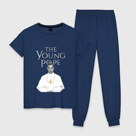 Женская пижама хлопок с принтом Молодой Папа The Young Pope в Тюмени, 100% хлопок | брюки и футболка прямого кроя, без карманов, на брюках мягкая резинка на поясе и по низу штанин | the young pope | джуд лоу | молодой папа