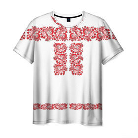 Мужская футболка 3D с принтом Вышиванка в Тюмени, 100% полиэфир | прямой крой, круглый вырез горловины, длина до линии бедер | Тематика изображения на принте: белорусская | вышиванка | древнерусская | к празднику | косоворотка | красные | масленица | национальная одежда | патриотическая | рубаха | русская | узоры | украинская
