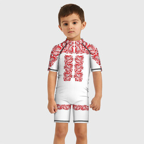 Детский купальный костюм 3D с принтом Вышиванка в Тюмени, Полиэстер 85%, Спандекс 15% | застежка на молнии на спине | белорусская | вышиванка | древнерусская | к празднику | косоворотка | красные | масленица | национальная одежда | патриотическая | рубаха | русская | узоры | украинская