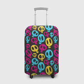 Чехол для чемодана 3D с принтом Веселый Хэллоуин в Тюмени, 86% полиэфир, 14% спандекс | двустороннее нанесение принта, прорези для ручек и колес | Тематика изображения на принте: желтый | розовый | синий | череп
