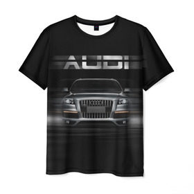Мужская футболка 3D с принтом Audi Q7 скорость в Тюмени, 100% полиэфир | прямой крой, круглый вырез горловины, длина до линии бедер | Тематика изображения на принте: audi | авто | автомобиль | ауди | кольца | красивая | кроссовер | крутая | марка | машина | надпись | немецкая иномарка | прикольная | тачка | черная | эмблема