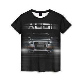 Женская футболка 3D с принтом Audi Q7 скорость в Тюмени, 100% полиэфир ( синтетическое хлопкоподобное полотно) | прямой крой, круглый вырез горловины, длина до линии бедер | audi | авто | автомобиль | ауди | кольца | красивая | кроссовер | крутая | марка | машина | надпись | немецкая иномарка | прикольная | тачка | черная | эмблема
