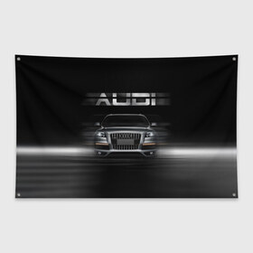 Флаг-баннер с принтом Audi Q7 скорость в Тюмени, 100% полиэстер | размер 67 х 109 см, плотность ткани — 95 г/м2; по краям флага есть четыре люверса для крепления | audi | авто | автомобиль | ауди | кольца | красивая | кроссовер | крутая | марка | машина | надпись | немецкая иномарка | прикольная | тачка | черная | эмблема