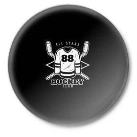 Значок с принтом Hockey Team в Тюмени,  металл | круглая форма, металлическая застежка в виде булавки | bandy | hockey | клюшка | коньки | лед | спорт | хоккей