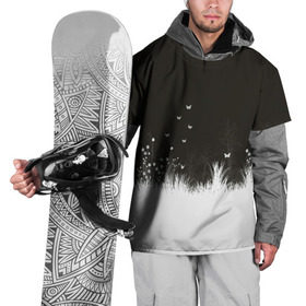 Накидка на куртку 3D с принтом Ночная полянка в Тюмени, 100% полиэстер |  | бабочки | белый | кусты | ночь | цветы | чб | черно белое | черный