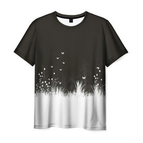 Мужская футболка 3D с принтом Ночная полянка в Тюмени, 100% полиэфир | прямой крой, круглый вырез горловины, длина до линии бедер | Тематика изображения на принте: бабочки | белый | кусты | ночь | цветы | чб | черно белое | черный