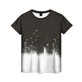 Женская футболка 3D с принтом Ночная полянка в Тюмени, 100% полиэфир ( синтетическое хлопкоподобное полотно) | прямой крой, круглый вырез горловины, длина до линии бедер | бабочки | белый | кусты | ночь | цветы | чб | черно белое | черный