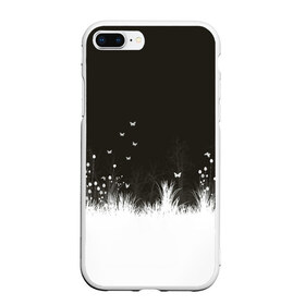 Чехол для iPhone 7Plus/8 Plus матовый с принтом Ночная полянка в Тюмени, Силикон | Область печати: задняя сторона чехла, без боковых панелей | бабочки | белый | кусты | ночь | цветы | чб | черно белое | черный