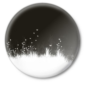 Значок с принтом Ночная полянка в Тюмени,  металл | круглая форма, металлическая застежка в виде булавки | бабочки | белый | кусты | ночь | цветы | чб | черно белое | черный