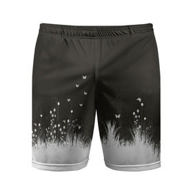 Мужские шорты 3D спортивные с принтом Ночная полянка в Тюмени,  |  | Тематика изображения на принте: бабочки | белый | кусты | ночь | цветы | чб | черно белое | черный