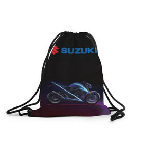 Рюкзак-мешок 3D с принтом Suzuki в Тюмени, 100% полиэстер | плотность ткани — 200 г/м2, размер — 35 х 45 см; лямки — толстые шнурки, застежка на шнуровке, без карманов и подкладки | Тематика изображения на принте: suzuki | байк | мотик | мото | мотоцикл | спортбайк | сузуки