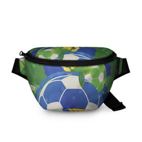 Поясная сумка 3D с принтом Яркий футбол в Тюмени, 100% полиэстер | плотная ткань, ремень с регулируемой длиной, внутри несколько карманов для мелочей, основное отделение и карман с обратной стороны сумки застегиваются на молнию | бразилия | желтый | зеленый | игра | мяч | синий | цвет
