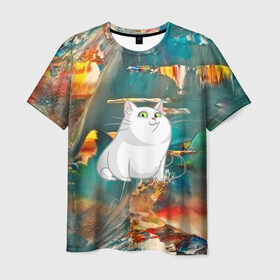 Мужская футболка 3D с принтом Белый котик в Тюмени, 100% полиэфир | прямой крой, круглый вырез горловины, длина до линии бедер | cat | арт | взгляд | кот | кот хипстер | котёнок | котятки | котятушки | кошечки | кошка | мордочка