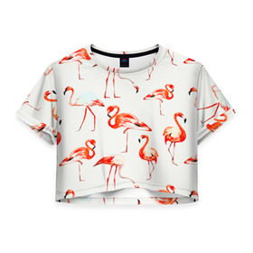 Женская футболка 3D укороченная с принтом Фламинго в Тюмени, 100% полиэстер | круглая горловина, длина футболки до линии талии, рукава с отворотами | арт | птицы | текстура | фламинго
