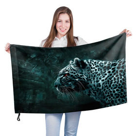 Флаг 3D с принтом Леопард неоновый в Тюмени, 100% полиэстер | плотность ткани — 95 г/м2, размер — 67 х 109 см. Принт наносится с одной стороны | гепард | леопард | темный | хищник