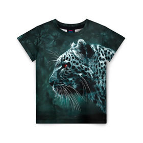 Детская футболка 3D с принтом Леопард неоновый в Тюмени, 100% гипоаллергенный полиэфир | прямой крой, круглый вырез горловины, длина до линии бедер, чуть спущенное плечо, ткань немного тянется | гепард | леопард | темный | хищник