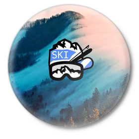Значок с принтом SKI в Тюмени,  металл | круглая форма, металлическая застежка в виде булавки | ski patrol | sport | возвышение | возвышенность | гора | горка | национальный парк | облака | склон | снег | спорт | холм