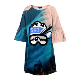 Детское платье 3D с принтом SKI в Тюмени, 100% полиэстер | прямой силуэт, чуть расширенный к низу. Круглая горловина, на рукавах — воланы | Тематика изображения на принте: ski patrol | sport | возвышение | возвышенность | гора | горка | национальный парк | облака | склон | снег | спорт | холм