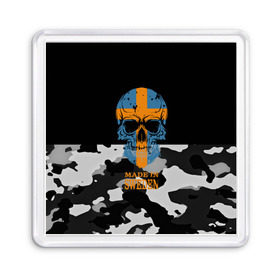 Магнит 55*55 с принтом Made in Sweden в Тюмени, Пластик | Размер: 65*65 мм; Размер печати: 55*55 мм | camouflage | made in sweden | skull | абстракция | города | камуфляж | нация | страны | текстуры | череп | швеция