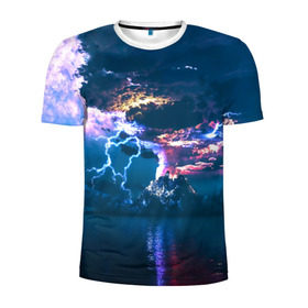 Мужская футболка 3D спортивная с принтом Извержение вулкана в Тюмени, 100% полиэстер с улучшенными характеристиками | приталенный силуэт, круглая горловина, широкие плечи, сужается к линии бедра | вода | вулкан | выброс | горы | гроза | дым | лава | молнии | море | облака | океан | остров | пепел | разряд | стихия