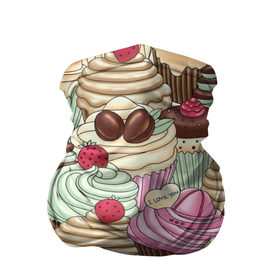 Бандана-труба 3D с принтом Пироженки в Тюмени, 100% полиэстер, ткань с особыми свойствами — Activecool | плотность 150‒180 г/м2; хорошо тянется, но сохраняет форму | еда | кексы | крем | пирожное | сладости | торты | шоколад | ягоды