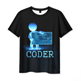 Мужская футболка 3D с принтом Coder - программист кодировщик в Тюмени, 100% полиэфир | прямой крой, круглый вырез горловины, длина до линии бедер | it | programmer | голова | загрузка | код | надпись | неоновый | ноги | программный | руки | светящийся | страница | технологии | хакер | человек | человечек | шифровальщик | экран