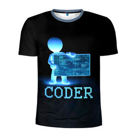 Мужская футболка 3D спортивная с принтом Coder - программист кодировщик в Тюмени, 100% полиэстер с улучшенными характеристиками | приталенный силуэт, круглая горловина, широкие плечи, сужается к линии бедра | it | programmer | голова | загрузка | код | надпись | неоновый | ноги | программный | руки | светящийся | страница | технологии | хакер | человек | человечек | шифровальщик | экран